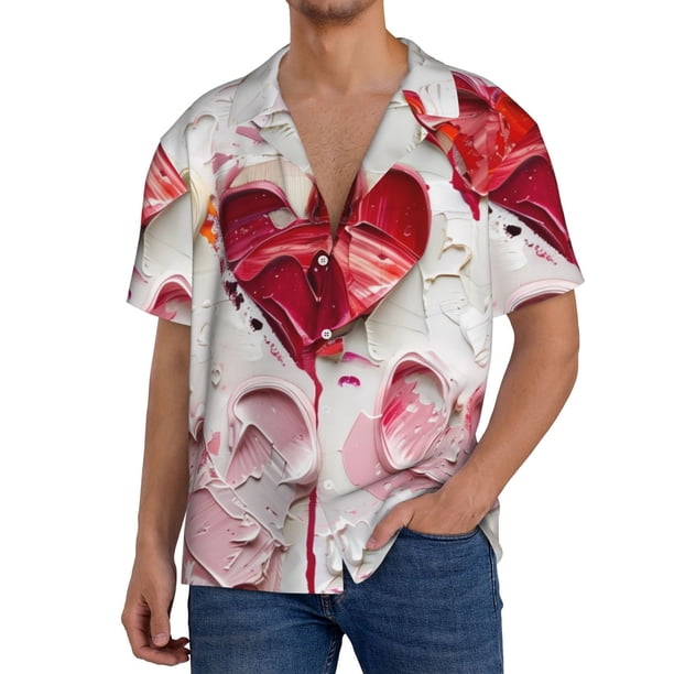 Balery Textured Heart Abstract Art Camisa Casual de Manga Corta con Botones para Hombre, Texturizada, Estilo Cubano, para Playa, Verano-XX-Large