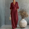thumbnail image 3 of Women's Summer V-Neck Wide-Leg Jumpsuits, Batwing Sleeve Ruched Waist Maxi Jumpsuits, XL, 3 of 7