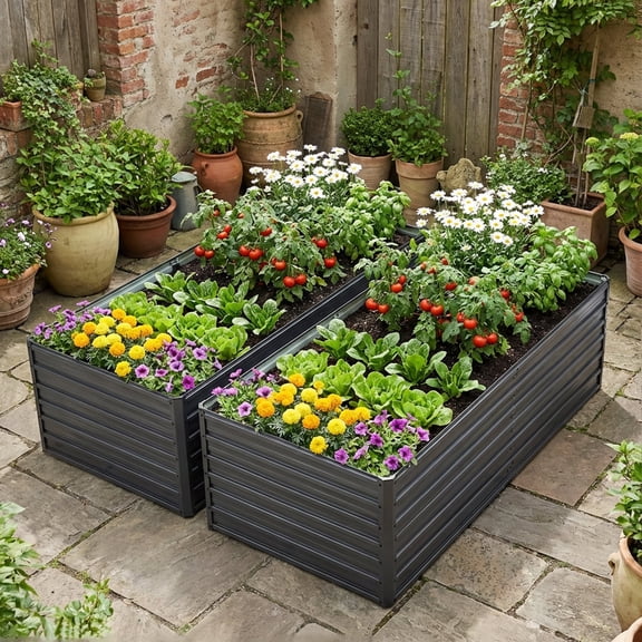 2 Pcs Outdoor Metal Raised Garden Bed Kit, 6x3x2ft Planter Box for Vegetables, Flowers, Planting, Herbs