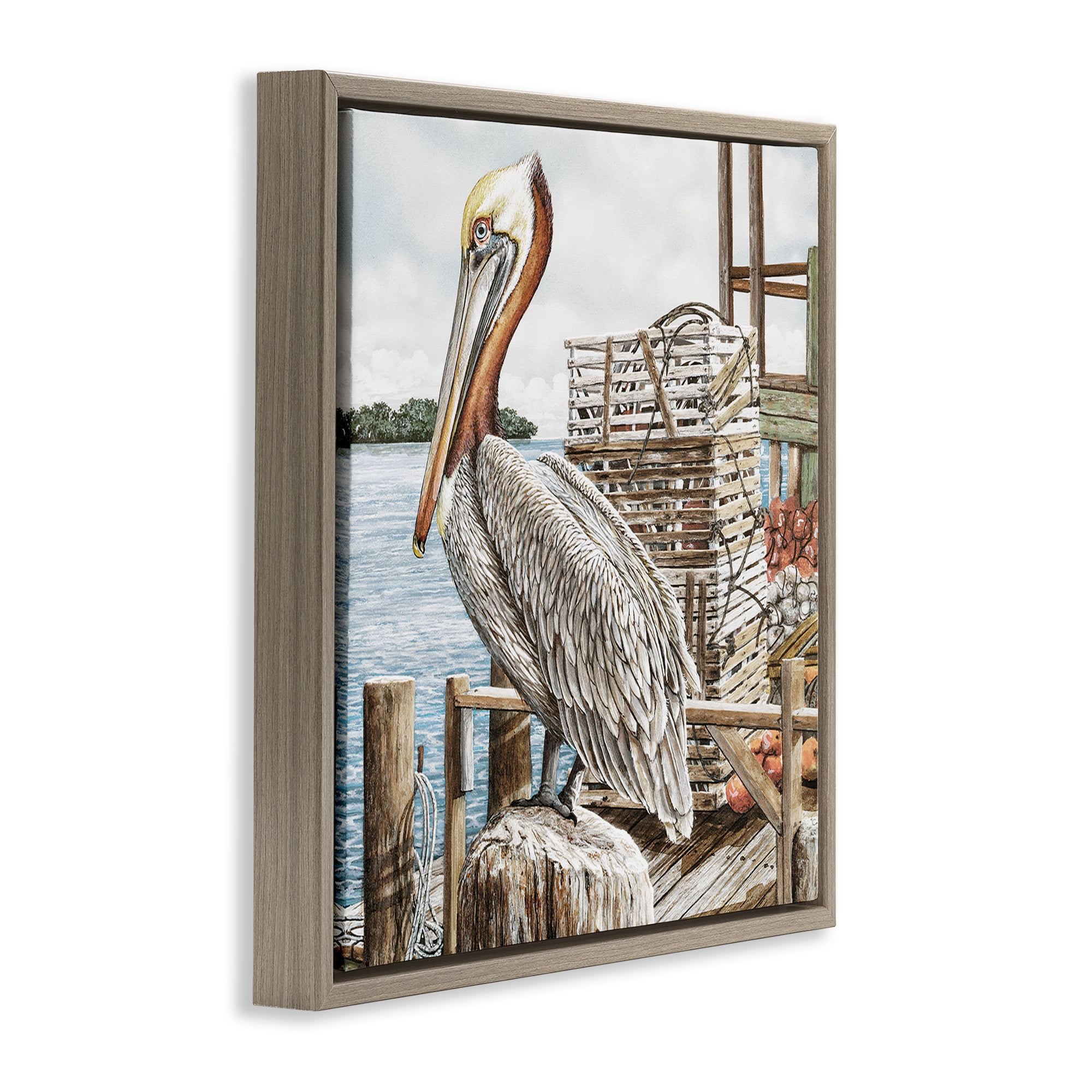 Stupell Industries Pelican Perched on Fishing Dock Animals & Insects Painting Brown Floater Framed Canvas Art Print Wall Art, 18 x 18