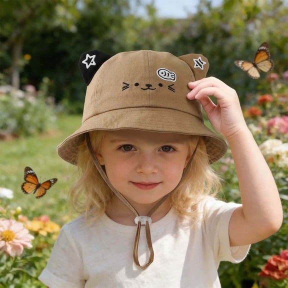 Bucket Hats Cute Cartoon Cat Ear Buckets for Girls Wide Brim Sun Hats for Girls with Adjustable Strap