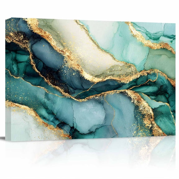 Turquoise Marble Canvas Print Wall Art Modern Abstract Teal Blue Gold Fluid Liquid Pictures Painting Morden Artwork for Living Room Bedroom, Ready to Hang - 12"x16"