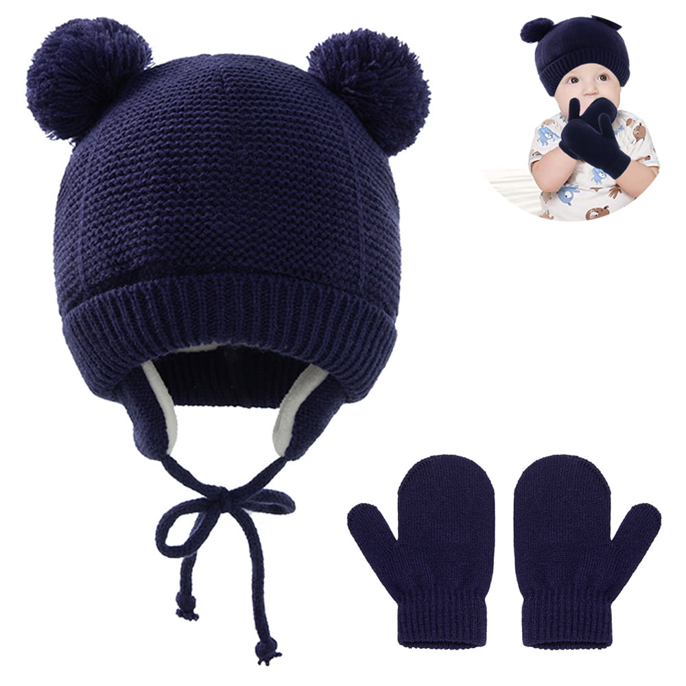 Baby Boys Girls Winter Warm Hat Gloves Set Kids Knitted Cute Bear Beanie Cap Fleece Earflap Hat Gloves Winter Thermal Cute Bear Beanie Pompom Hat Mitten for 1-4 Years