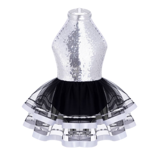 inhzoy Robe de Danse Ballet en Tulle à Sequins pour Filles, Performance Jazz Latine, Argent 8