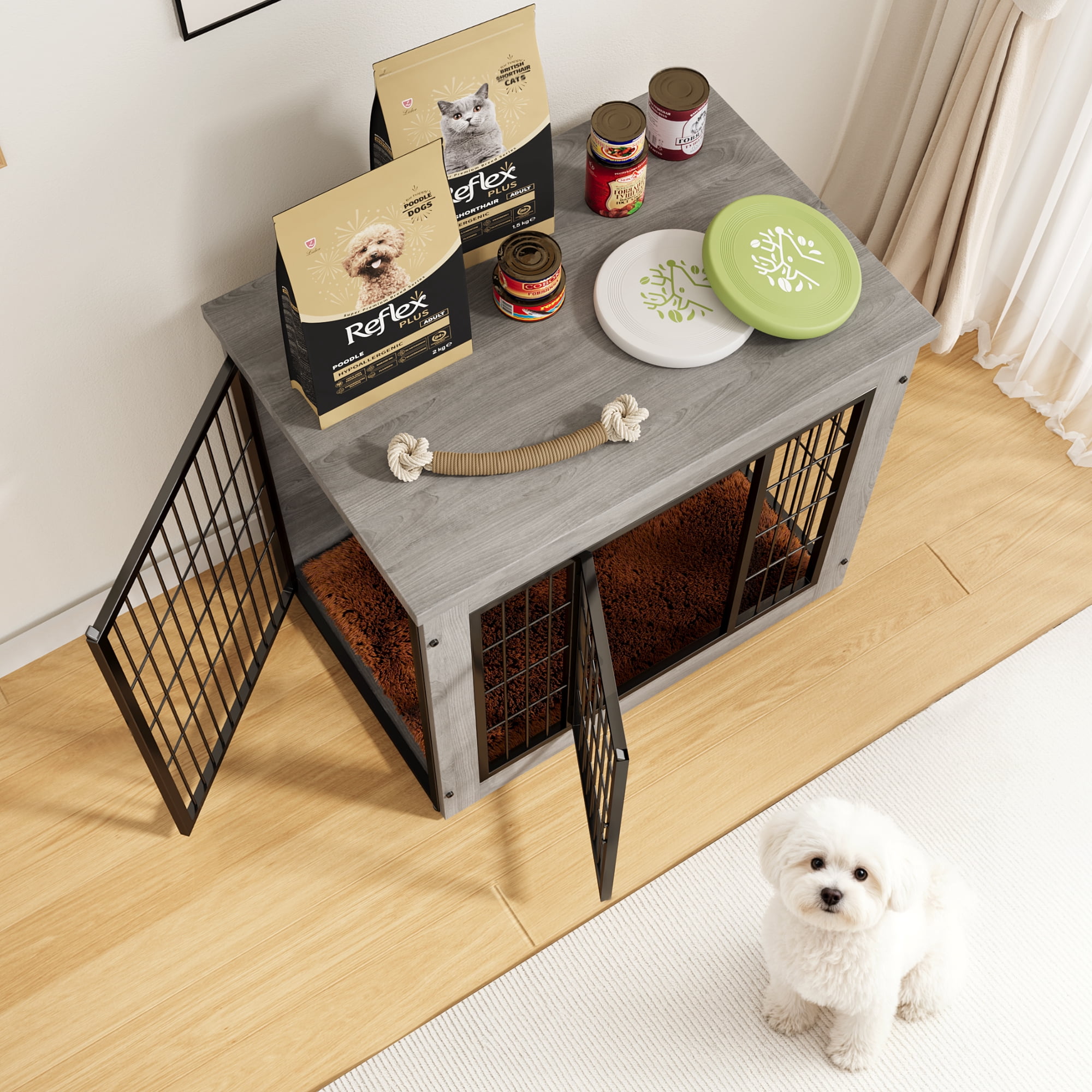 Furmax Wooden Indoor Dog Crate Furniture  with Double Doors and Thick Cushion,Gray