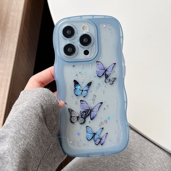 Butterfly Case For iPhone 13 Pro, Cute Aesthetic Wavy Curly Frame, Glitter Bling Sparkle Clear Rubber Cover, Shockproof Protective Hybrid Soft TPU Slim Shell for Women Girls,Blue