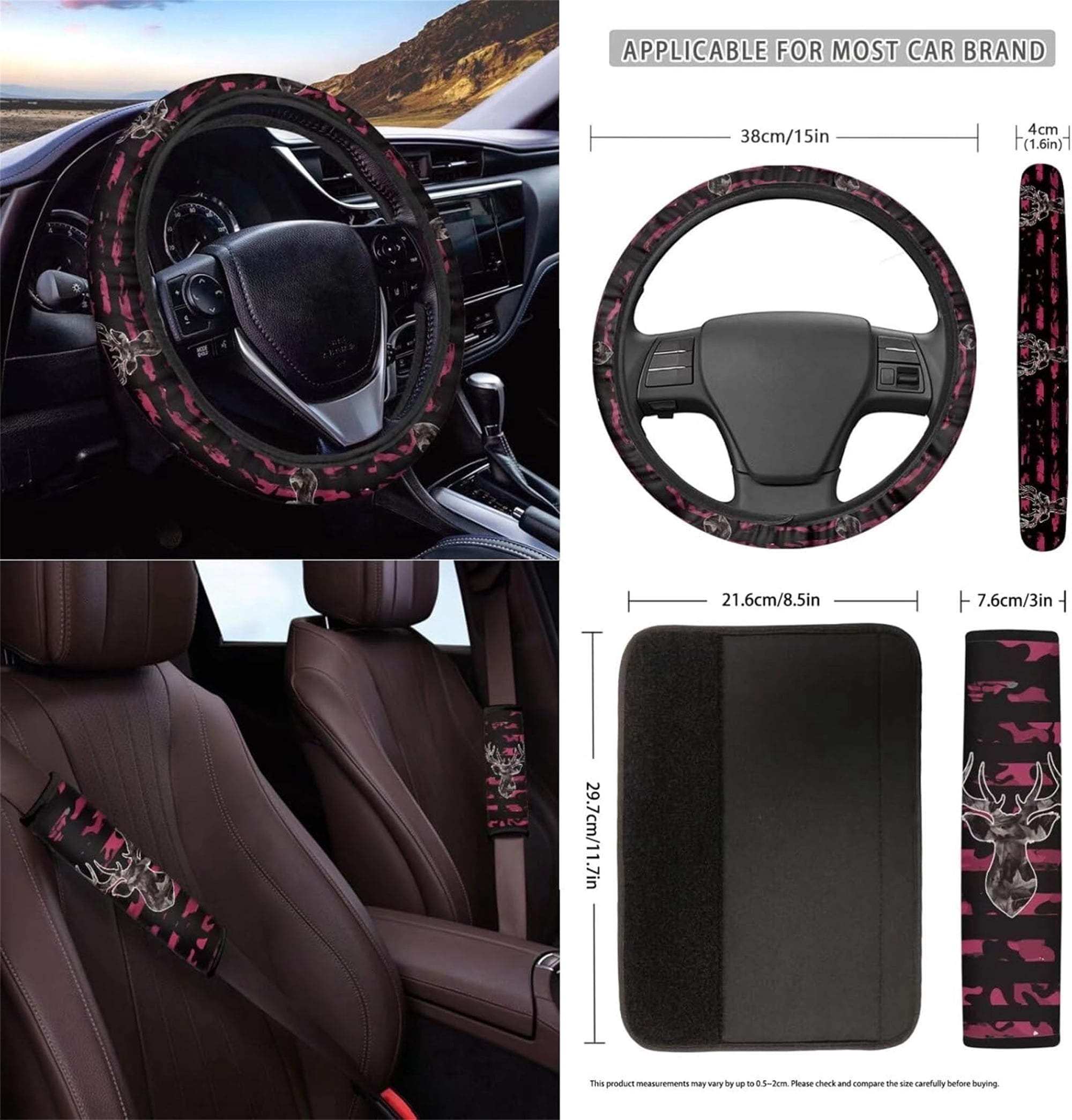 Jeiento Deer Front Car Seat Covers Full Set 12 PCS with Steering Wheel Cover Seat Belt Pads Center Console Cover Coasters Trash Bin Phone Holder Cup Holders Rearview Mirror Cover Key Ring Pink Camo