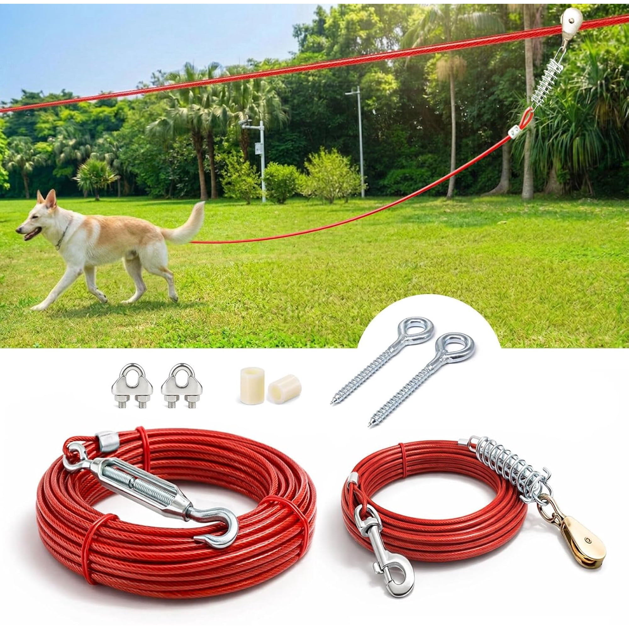 Heavy Duty Aerial Dog Tie Out Trolley System for Small to Large Dogs - Run Cable 100ft /75ft Zipline with 15ft Runner Cable Great for Yard (100 ft for one Dog up to 250 lbs)