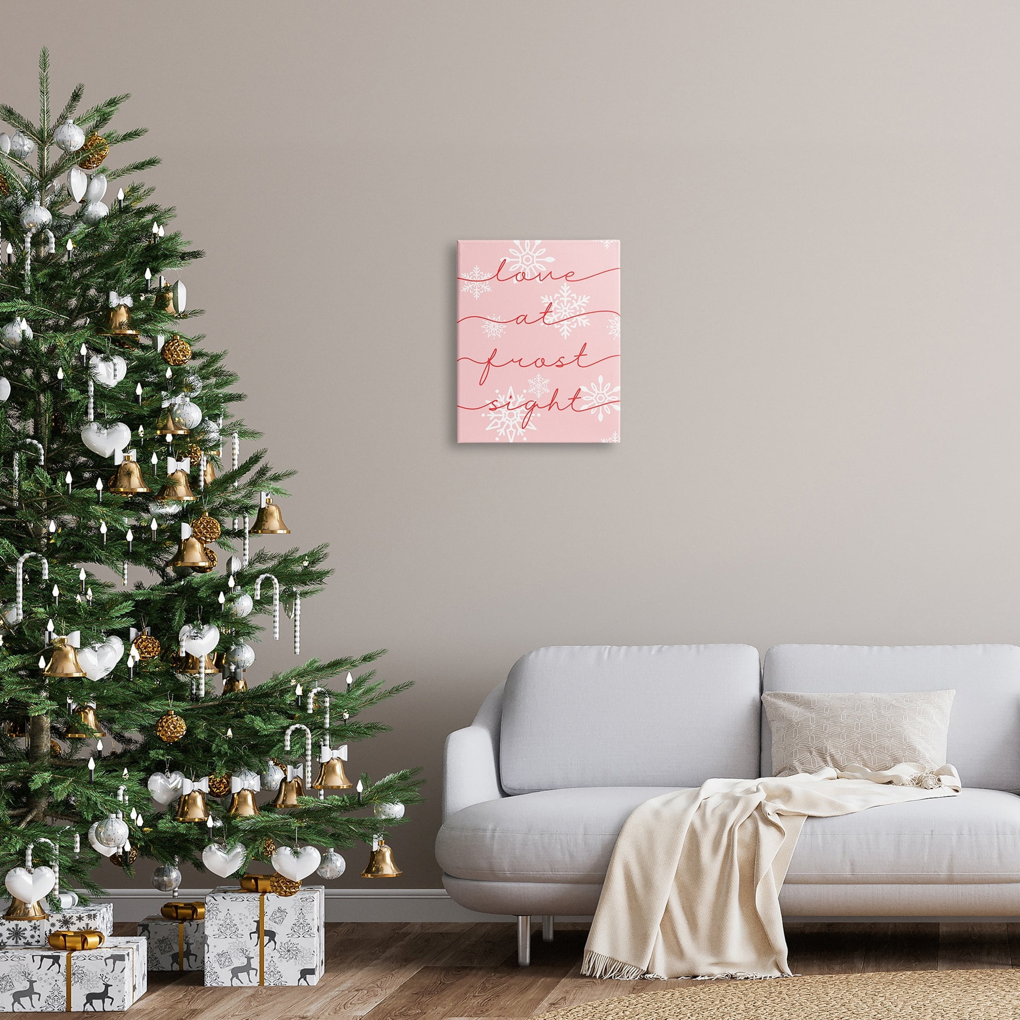 Love At Frost Sight Romantic Pink Snowflakes Quote Holiday Graphic Art Gallery-Wrapped Canvas Print Wall Art