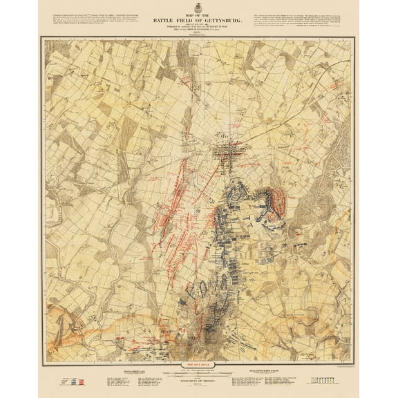 Historical Civil War Map - Gettysburg Battlefield Third Day - Warren 1876 - Vintage Wall Art