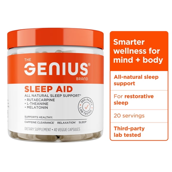 The Genius Brand Genius Sleep Aid - Gentle, Effective, All-Natural & Fast-Acting - Non-Habit Forming - Vegan, Gluten-Free & Non-GMO - 40 Veggie Capsules