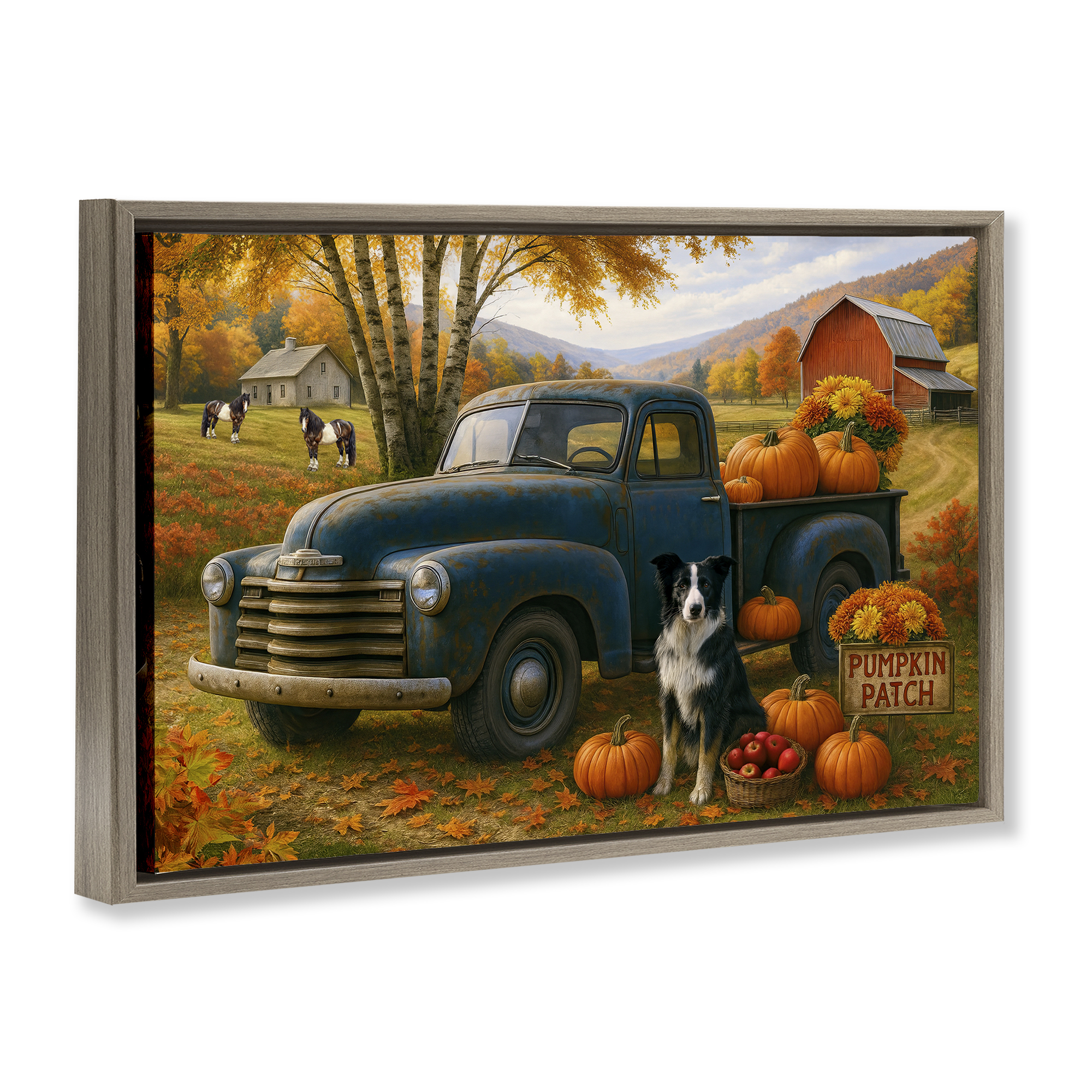 Autumnal Farmland Collie Dog Brown Framed Floater Canvas Wall Art, design by Tom Crehan