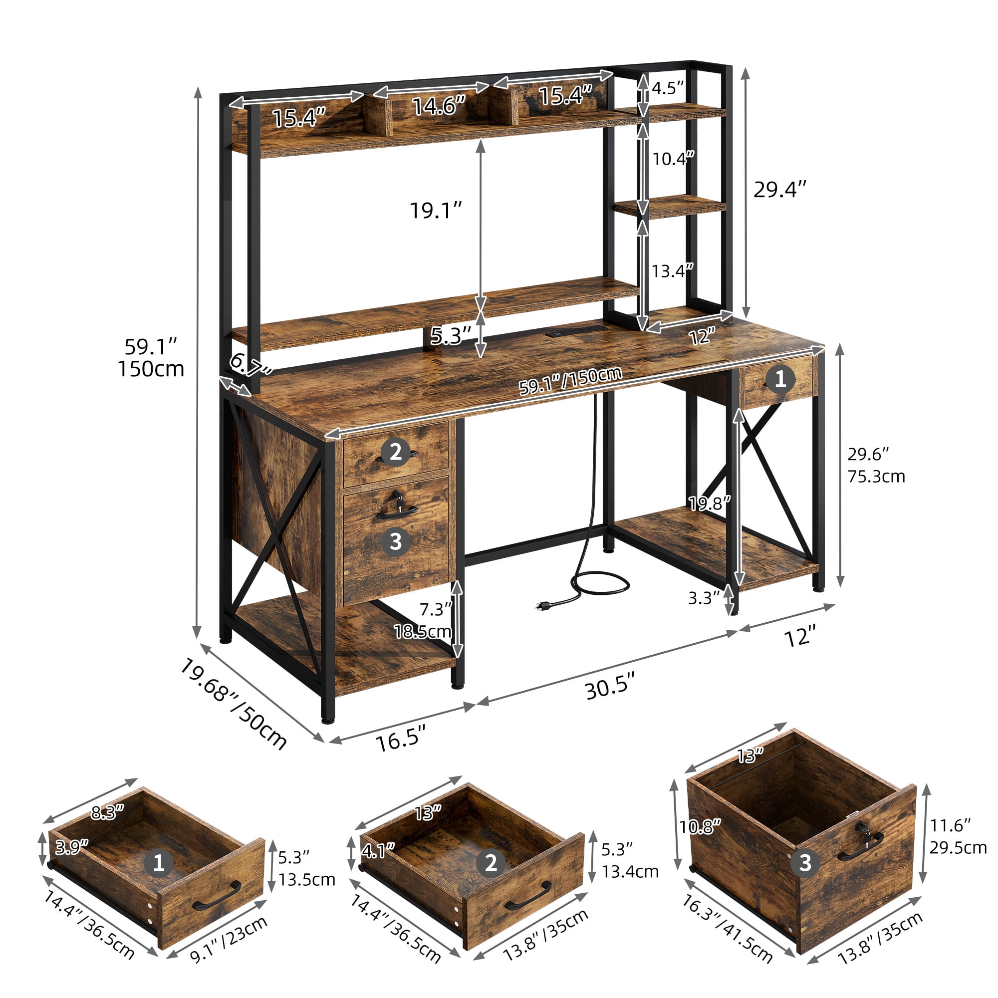 Uforic 59 "Computer Desk with Power Outlets & LED Light, Office Desks with Hutch & Monitor Stand, Gaming Desk Executive Desk with Storage Shelves for Home Office , Brown