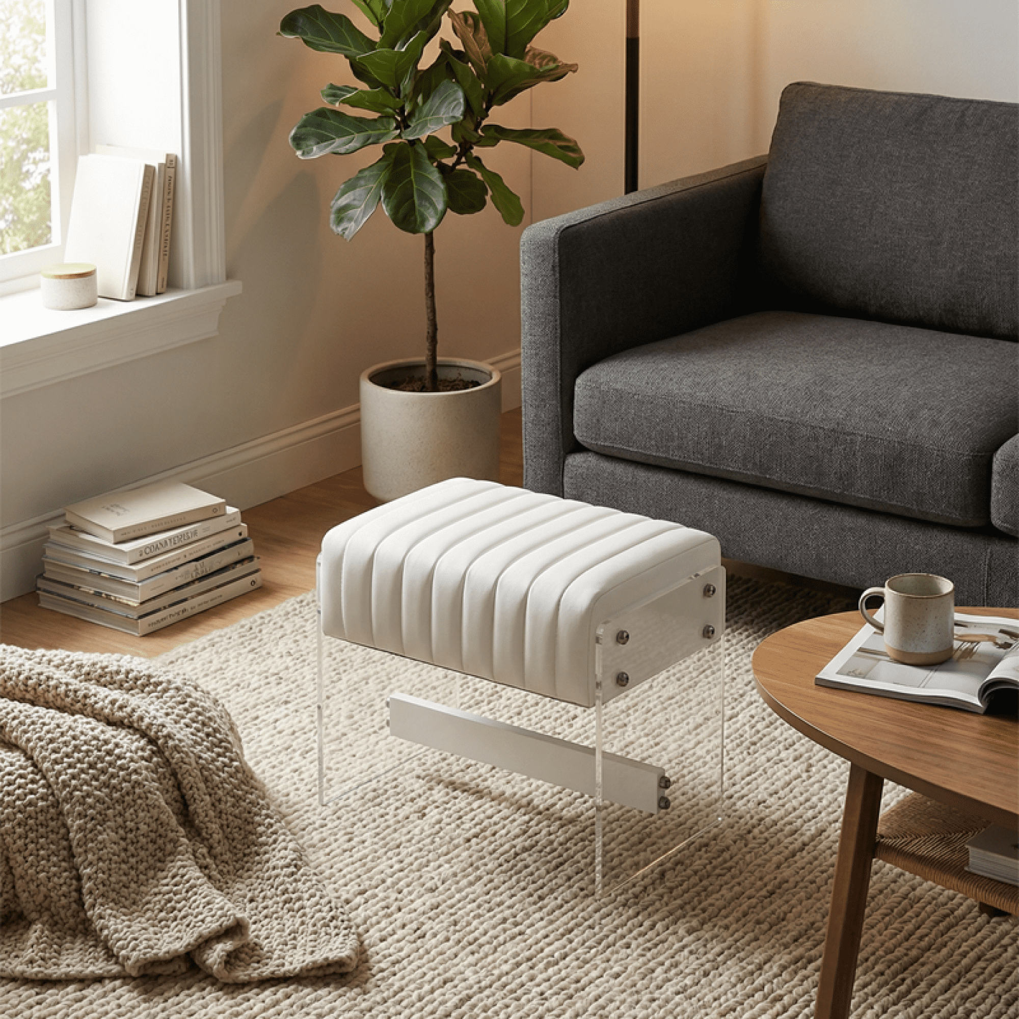 Leumius Dressing Stool with White PU Leather Surface, High-density Sponge and Transparent Acrylic Legs, Modern Luxury Square Stool for Bedrooms, Entrances and Living Rooms