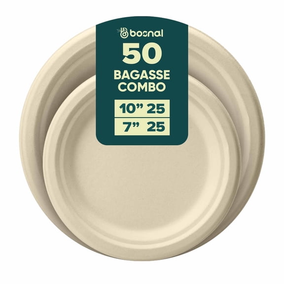 BOSNAL 10 inch and 7 inch Round Sugarcane Bagasse Compostable Disposable Dinner Plates for Parties, Catering and Events