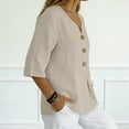 thumbnail image 4 of Linen Shirts for Women Summer Tops Button Down V Neck 3/4 Sleeve Boho Cotton Blouses Casual Loose Basic Solid Tunic Tops Beige S, 4 of 7