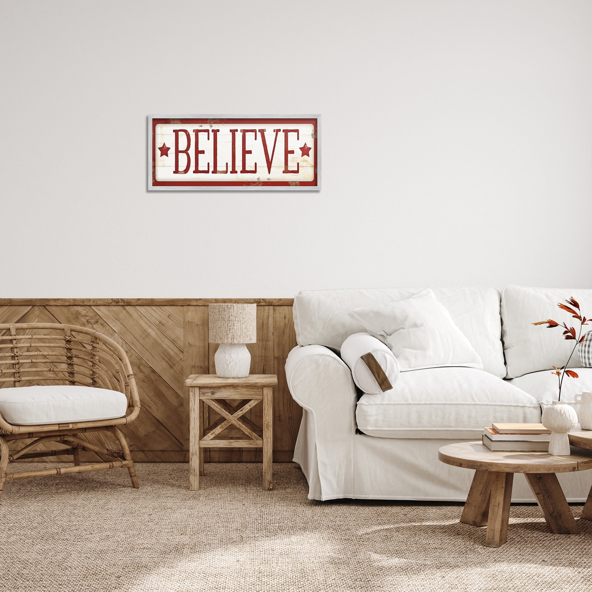 Stupell Industries Believe Red Christmas Phrase Holiday Painting Gray Framed Art Print Wall Art, 24 x 10