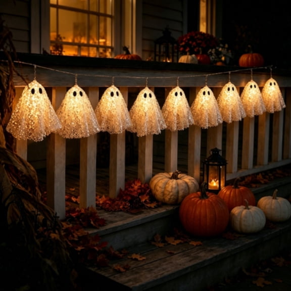 10 Pack Ghost String Lights, 78.7" Halloween Hanging Sequin Ghost Lights, Spooky Ghost Light Strands for Porch Yard Window Mantel Decor, Indoor Outdoor Halloween Party & Haunted House Decorations