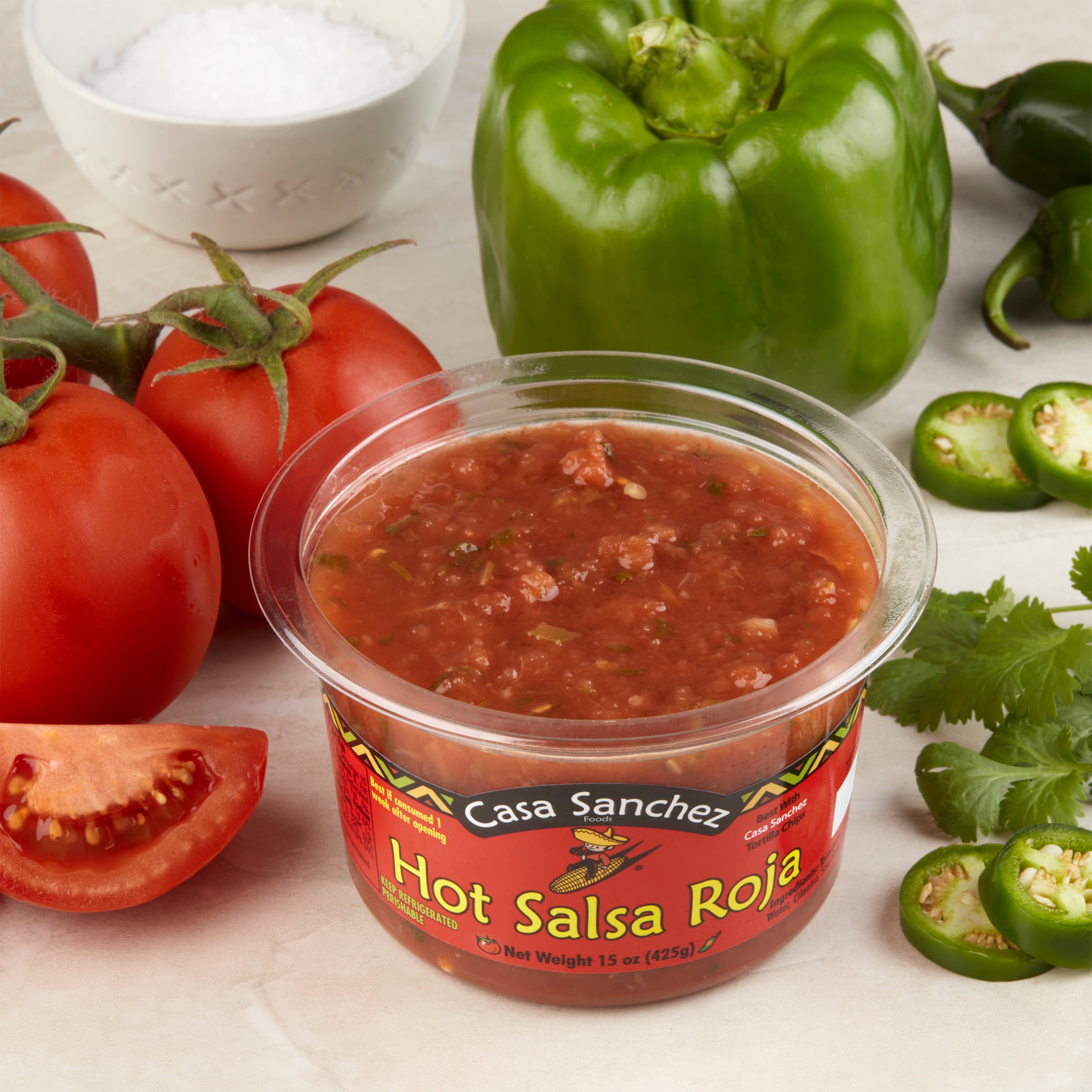 Casa Sanchez Fresh Produce, Refrigerated Hot Salsa Roja, 15 oz Tub