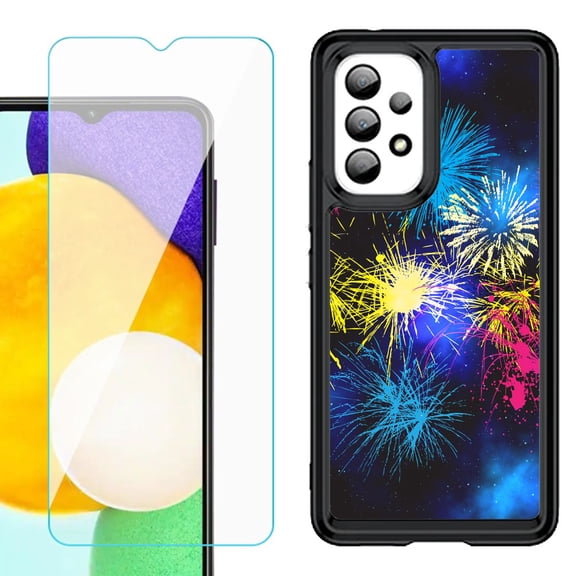 Shockproof Bumper (Black Frame) phone Case for Samsung Galaxy A23 5G, with Tempered Glass Screen Protector, by OneToughShield ® - Fireworks