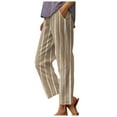 thumbnail image 2 of Beach Pants for Women 2026 Spring Summer Striped Elastic Waist Straight Leg Cotton Linen Cropped Pants with Pockets, 2 of 5