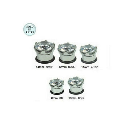 

Pair of Surgical Steel Gauges Ear Plug with Clear CZ Jewel