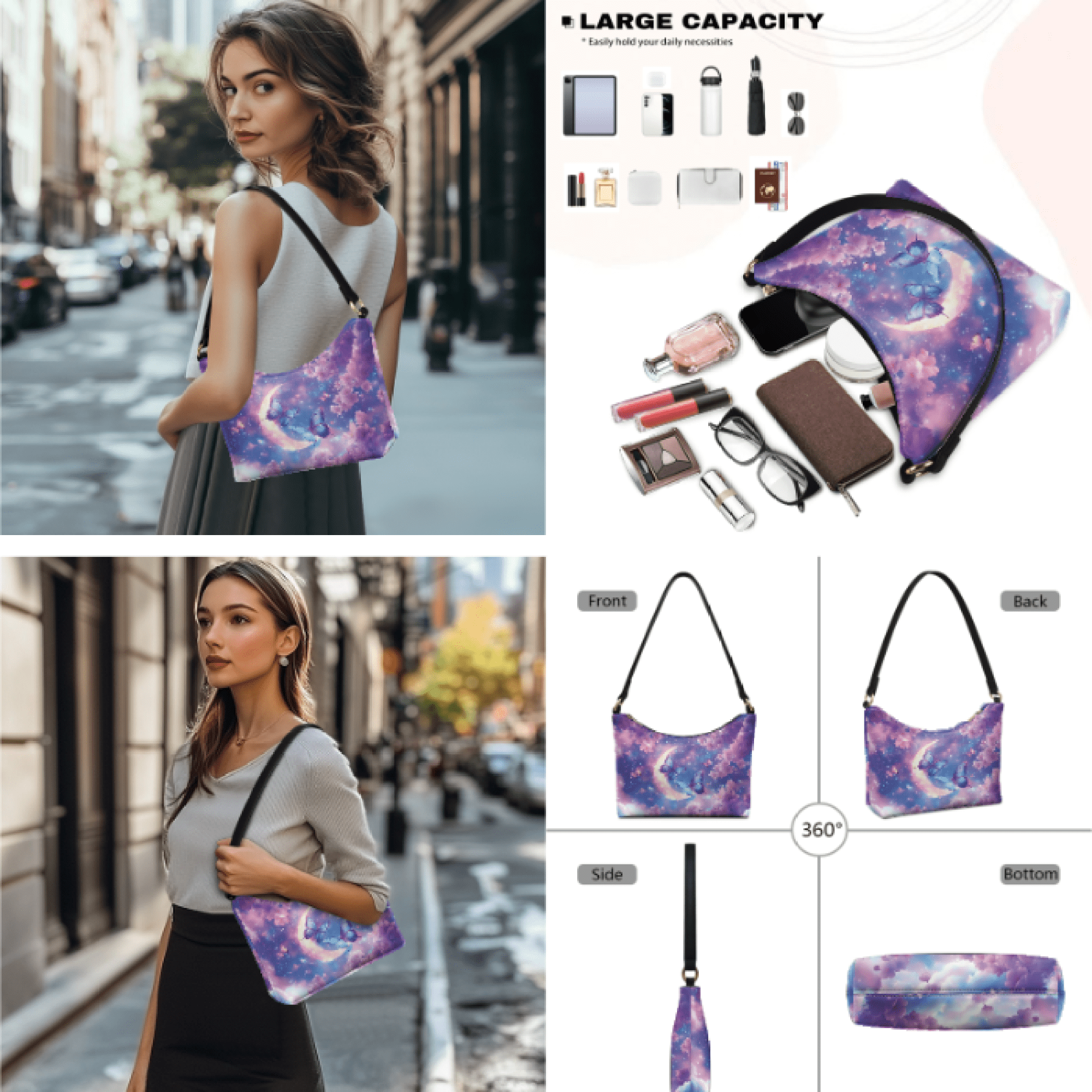 Tutolipy Butterfly Moon Pack of 3 Tote Bag for Ladies, Large Capacity Wristlet Purse, Lightweight Personalized Wristlet Clutch Purse for Outdoor Activities