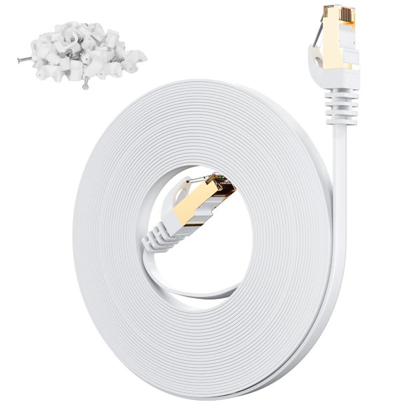 shiyou-Cat 7 Flat Outdoor Ethernet Cable 40 Ft-White, High-Speed Shielded Internet Network Cable, S/FTP, POE, 10Gbps 600MHZ Thin Slim Cat 6E 6A Patch Cord LAN Wire, LLDPE, Direct Burial + Clips