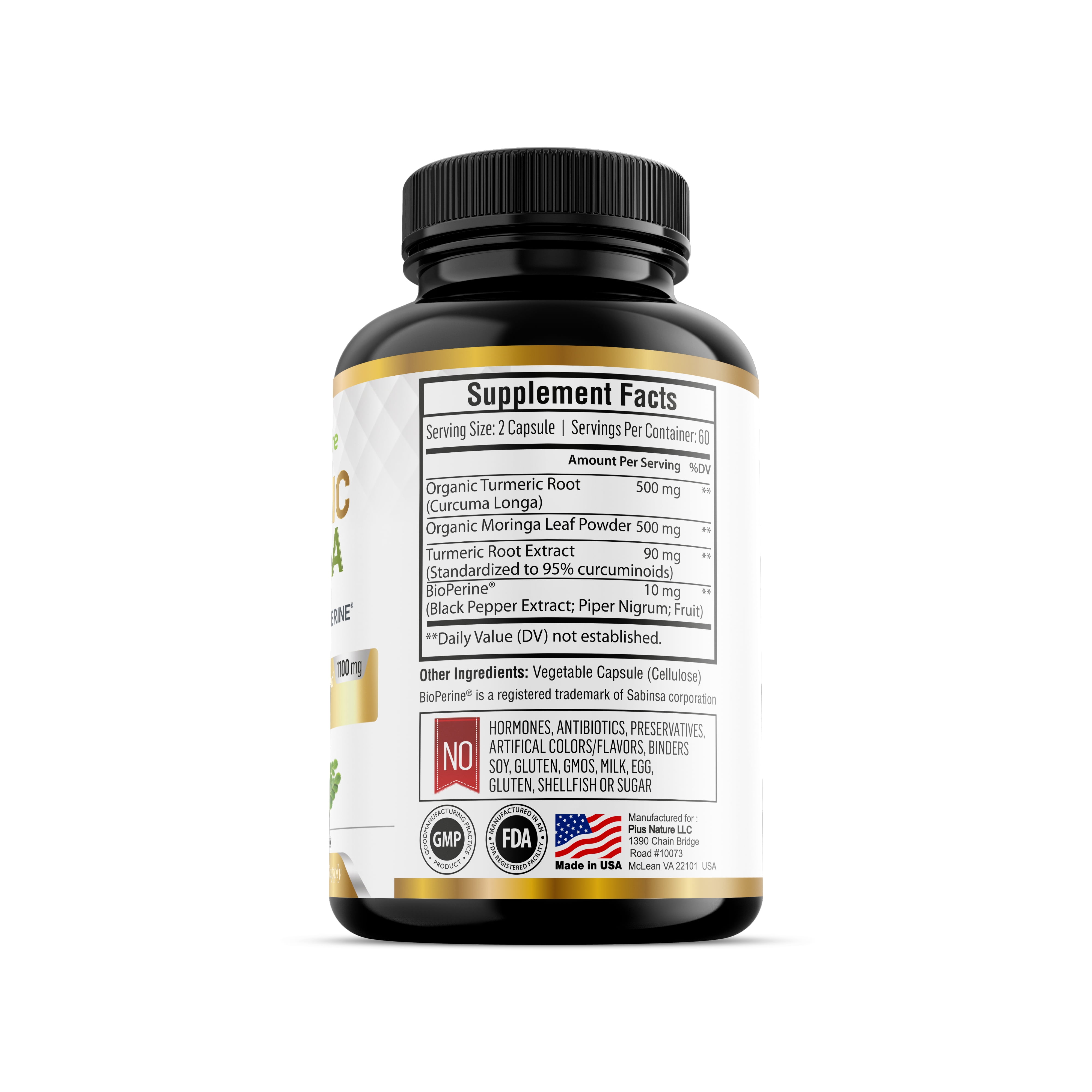 120 Capsules of USDA Organic Turmeric Root Powder and USDA Organic Moringa Leaf Powder with Curcumin and Bioperine, 1100mg per Serving in Veggie Capsules
