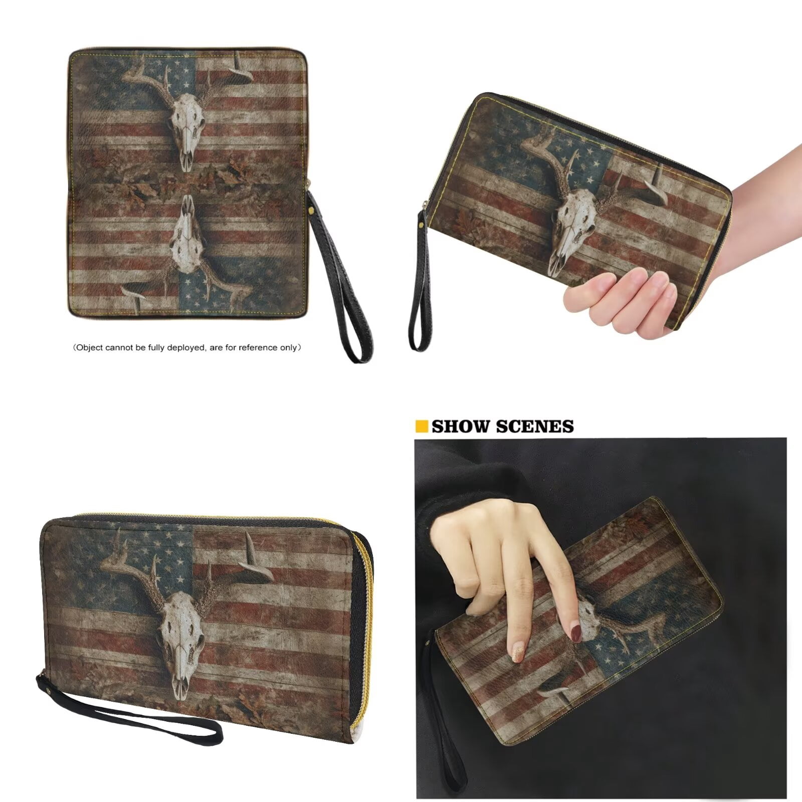 TSOVTHRID American Flag Deer Skull Print Handbag and Wallet Set Waterproof Tote Bag Top Handle Handbag with Matching Leather Wallet Large Capacity Shoulder Satchel Clutch Purse