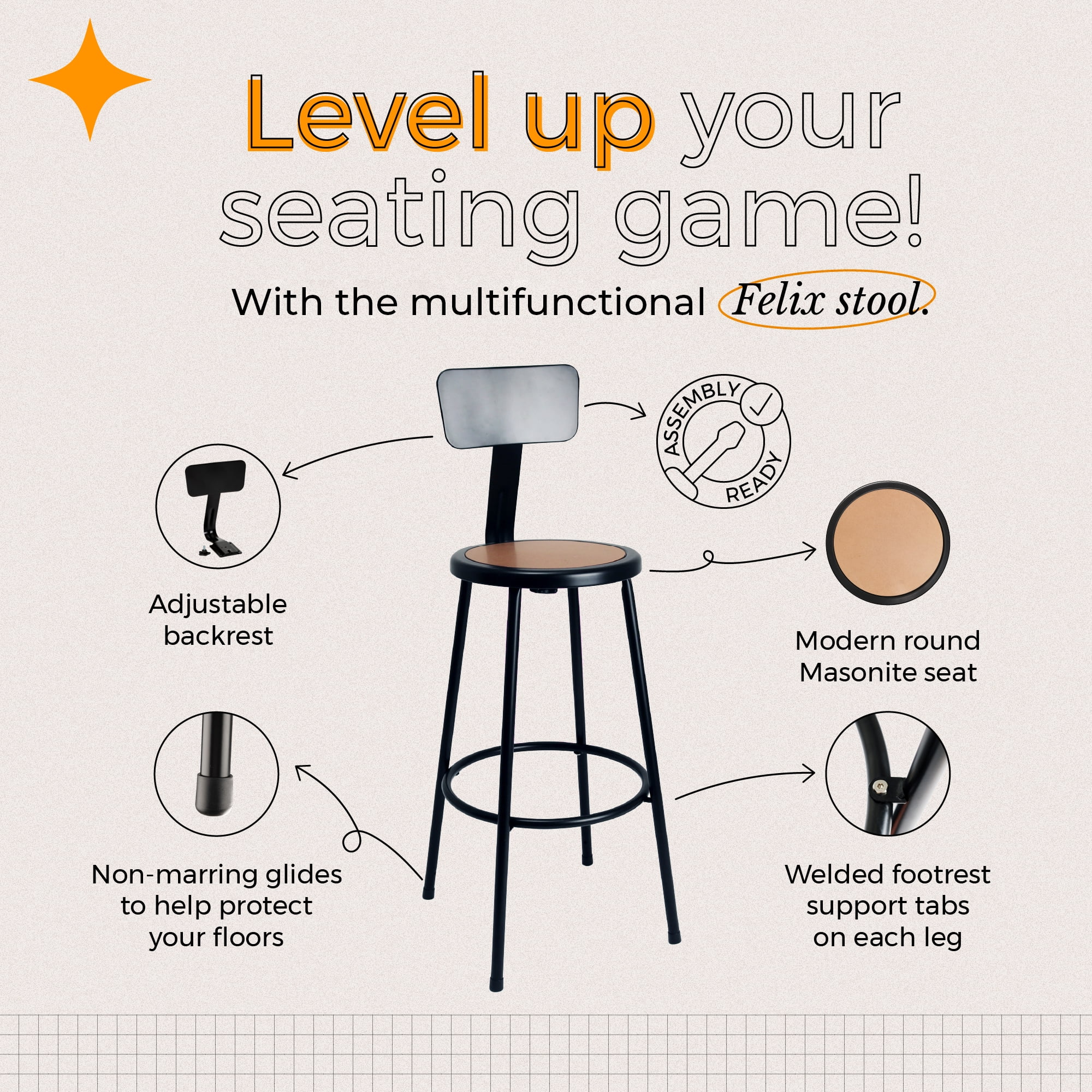 Hampden Furnishings Felix Collection 30-Inch Steel Stool with Backrest, Black, AssemblyReady