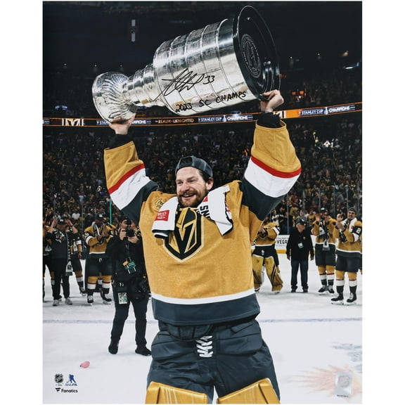 Adin Hill Vegas Golden Knights Autographed 2023 Stanley Cup Champions 16" x 20" Raising Cup Photograph with "23 SC Champs" Inscription - Fanatics Authentic Certified