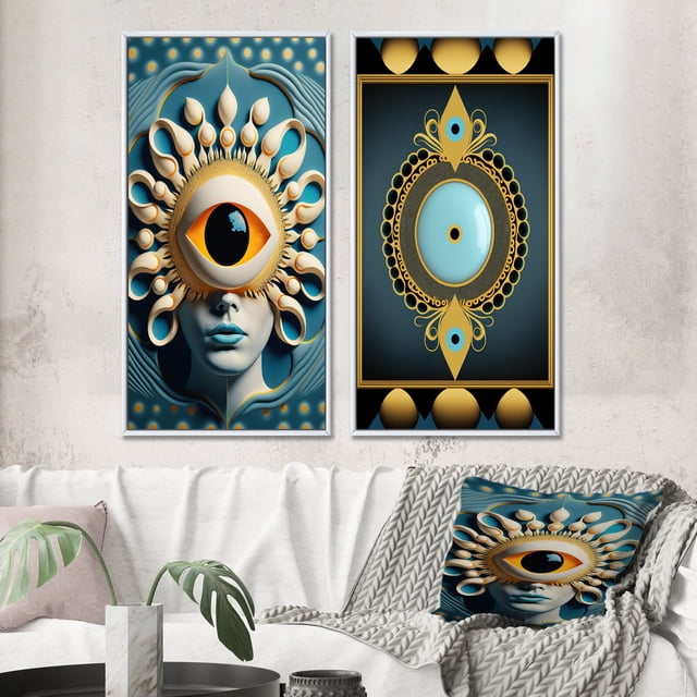 Designart "Radiant Eye Captures the Beholder II" Modern Abstract Framed Wall Art Set Of 2 - Traditional Blue Frame Gallery Set For Office Decor
