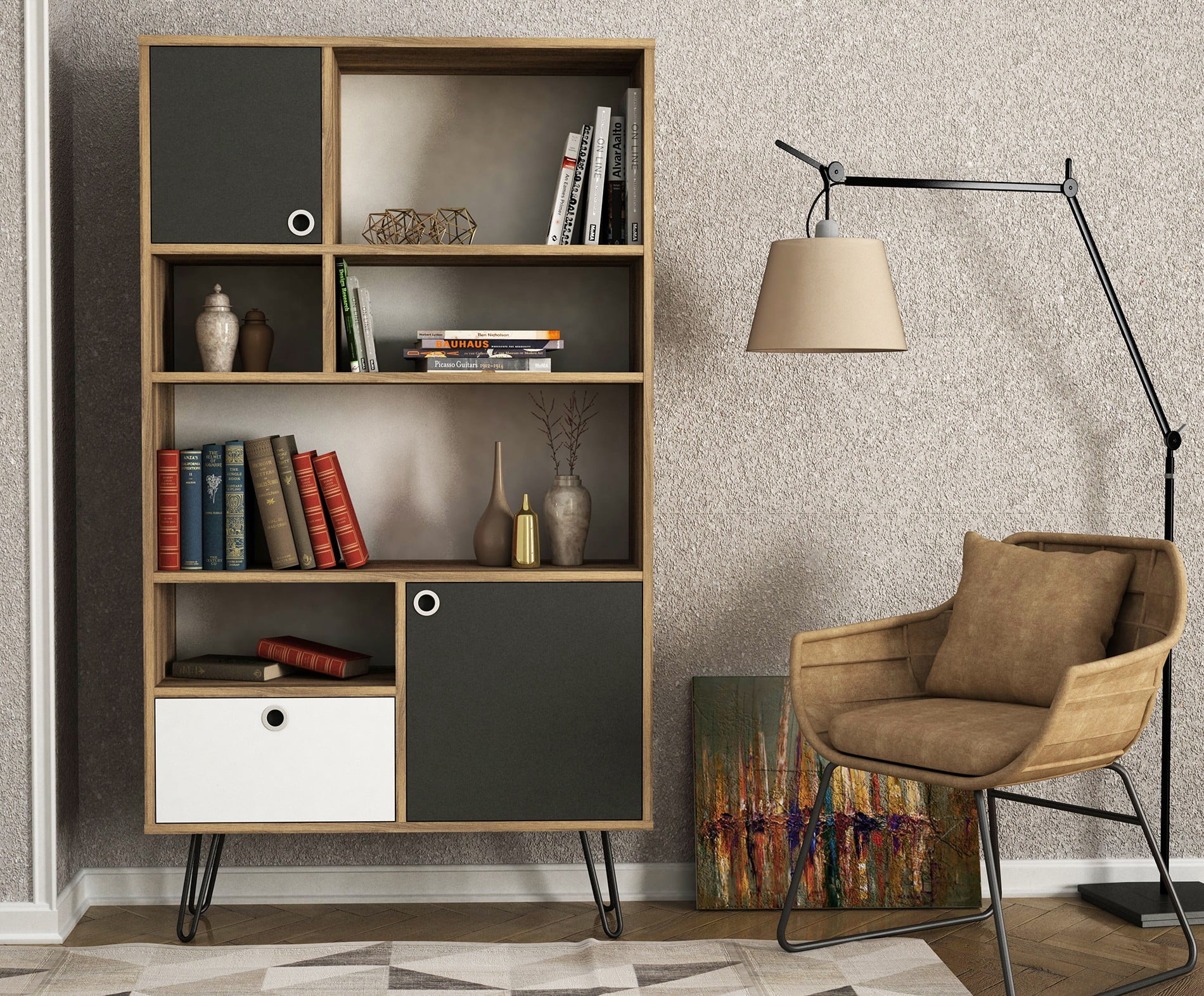Modern Bookcase Bookshelf With 5 Shelves Walnut Finish