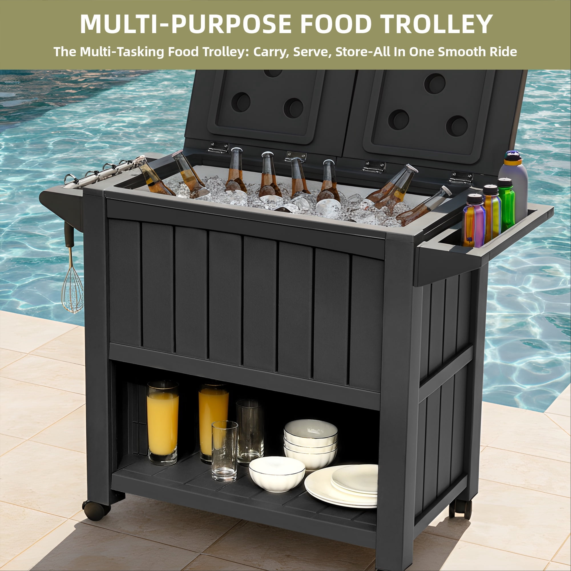 Uforic 85 Quart Rolling Cooler with Wheels, Portable Outdoor Ice Chest with Bottle Opener & Drainage, Black Beverage Cart for Pool Deck, Party, BBQ & Cookouts