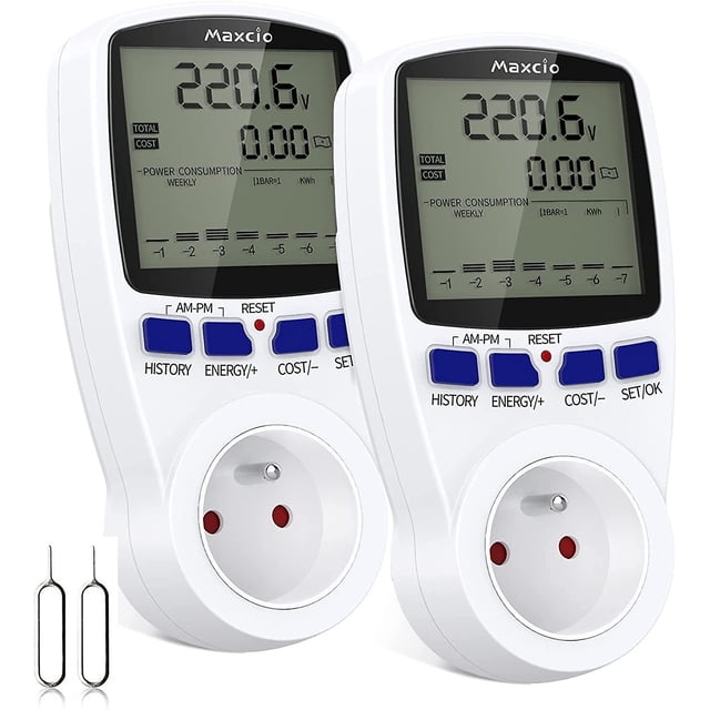 Medidor de consumo de energía de doble tarifa, medidor de energía Maxcio Socket con pantalla LCD Protección contra sobrecarga Medidor de consumo de energía Wattmeter 3680w Max 2 Pac. Afortunado Sencillez
