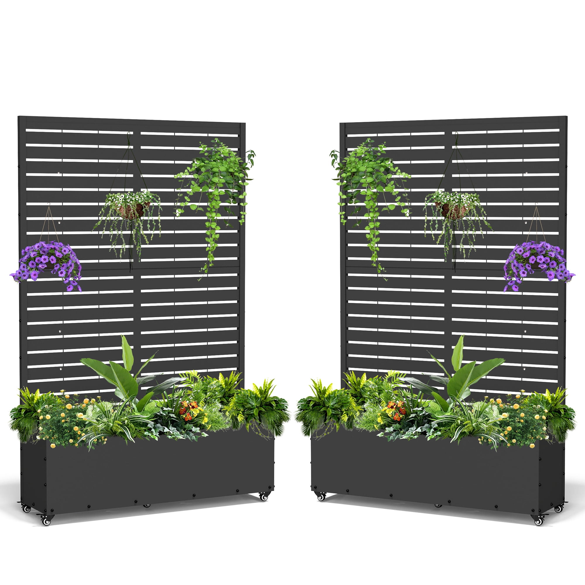 FOOWIN 71" H Metal Planter with Trellis and Wheels, Outdoor Raised Garden Bed for Climbing Plants, Trellis Planter Box with Drainage Hole, Black