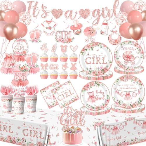 Its a Girl Baby Shower Decorations, Pink Floral Baby Shower Decorations for Girl Include Plates,Napkins,Banner,Balloons,Tablecloth,Cups,Hanging Swirl,Cake Topper,Honeycomb for Baby Girl Party Decor$$