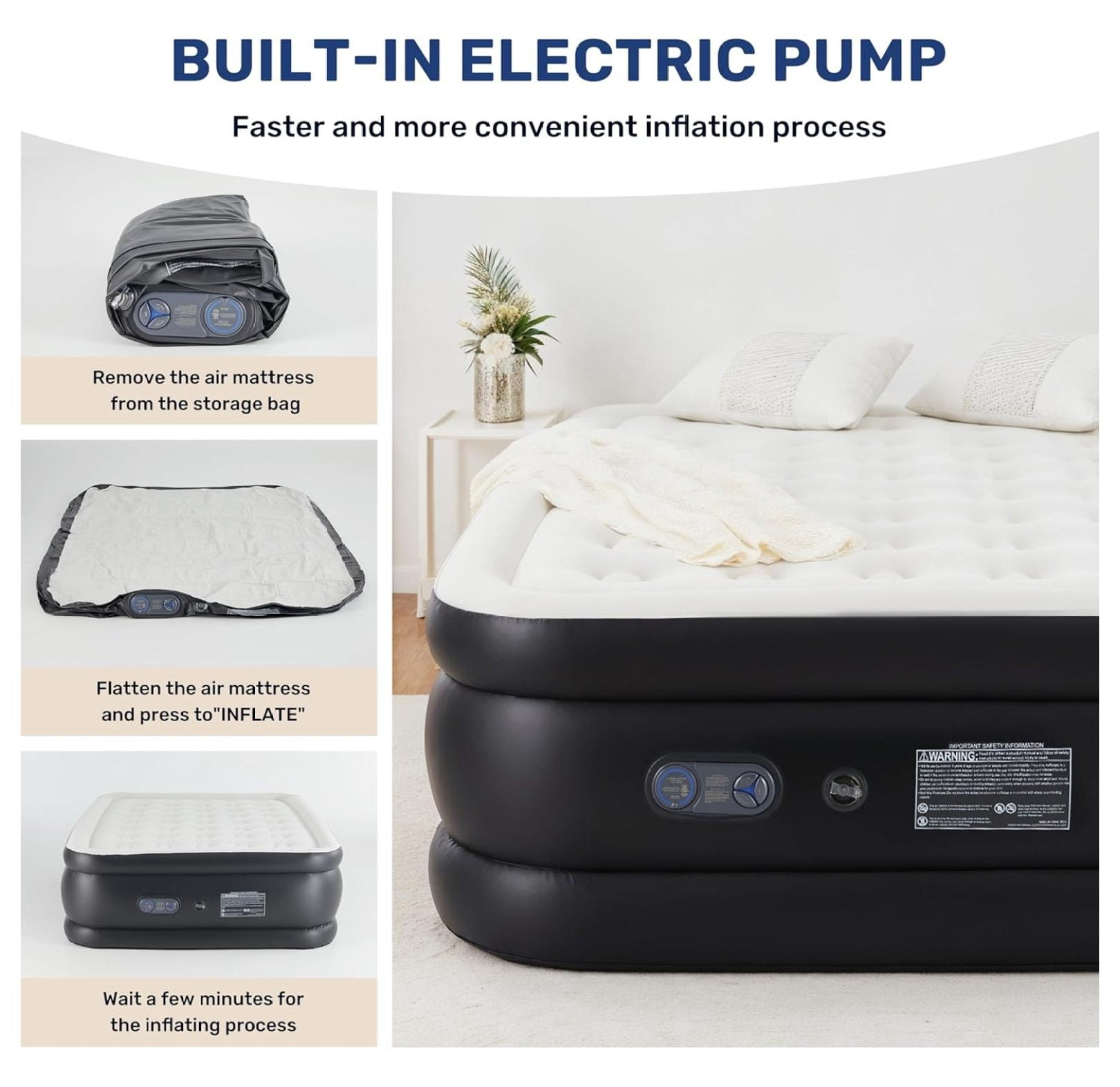 Queen Camping Air Mattress with Built-in Electric High-Speed Pump, 18" Bed Height, Blow Up Inflatable Airbed with Carrying Bag for Home Guests & Travel, Waterproof Foldable Portable