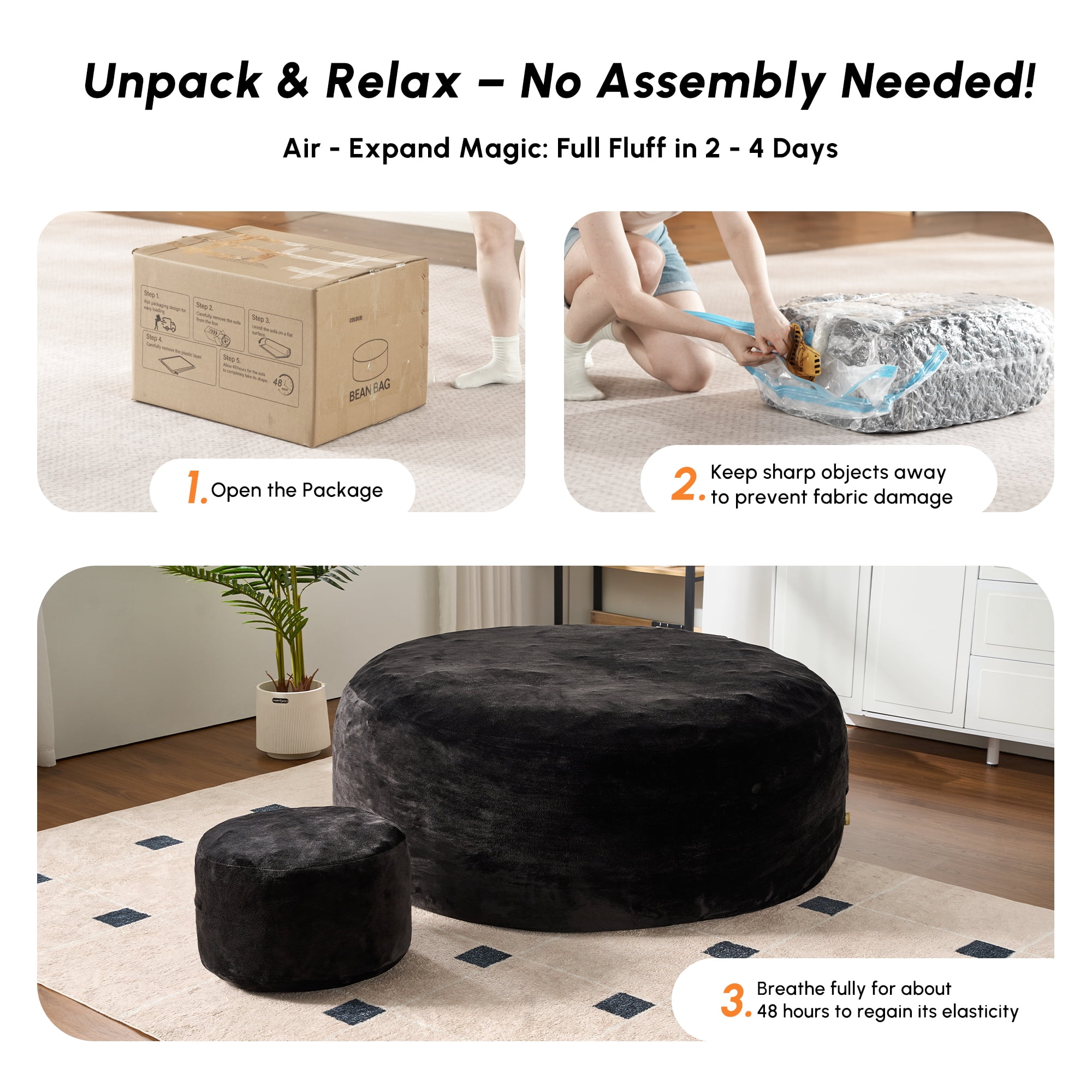 Vcatnet 59" Oversized Bean Bag Chair for Adults with Ottoman Giant Bean Bag Sofa Couch with Memory Foam Upholstered Lazy Floor Sofa for Living Room Bedroom, Black