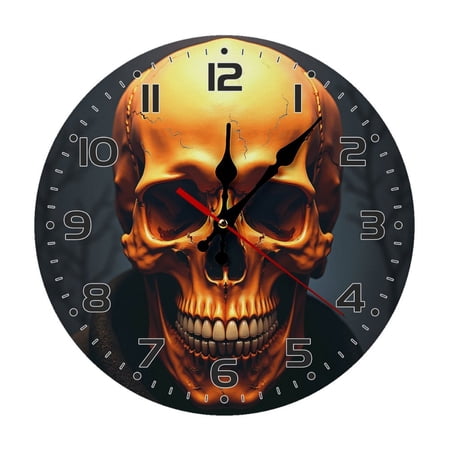 Skull Skeleton Bone Wall Clock 10 Inch Silent Non Ticking Round Wooden Clock Decoration for Living Room Kitchen Bedroom Bathroom Office Classroom