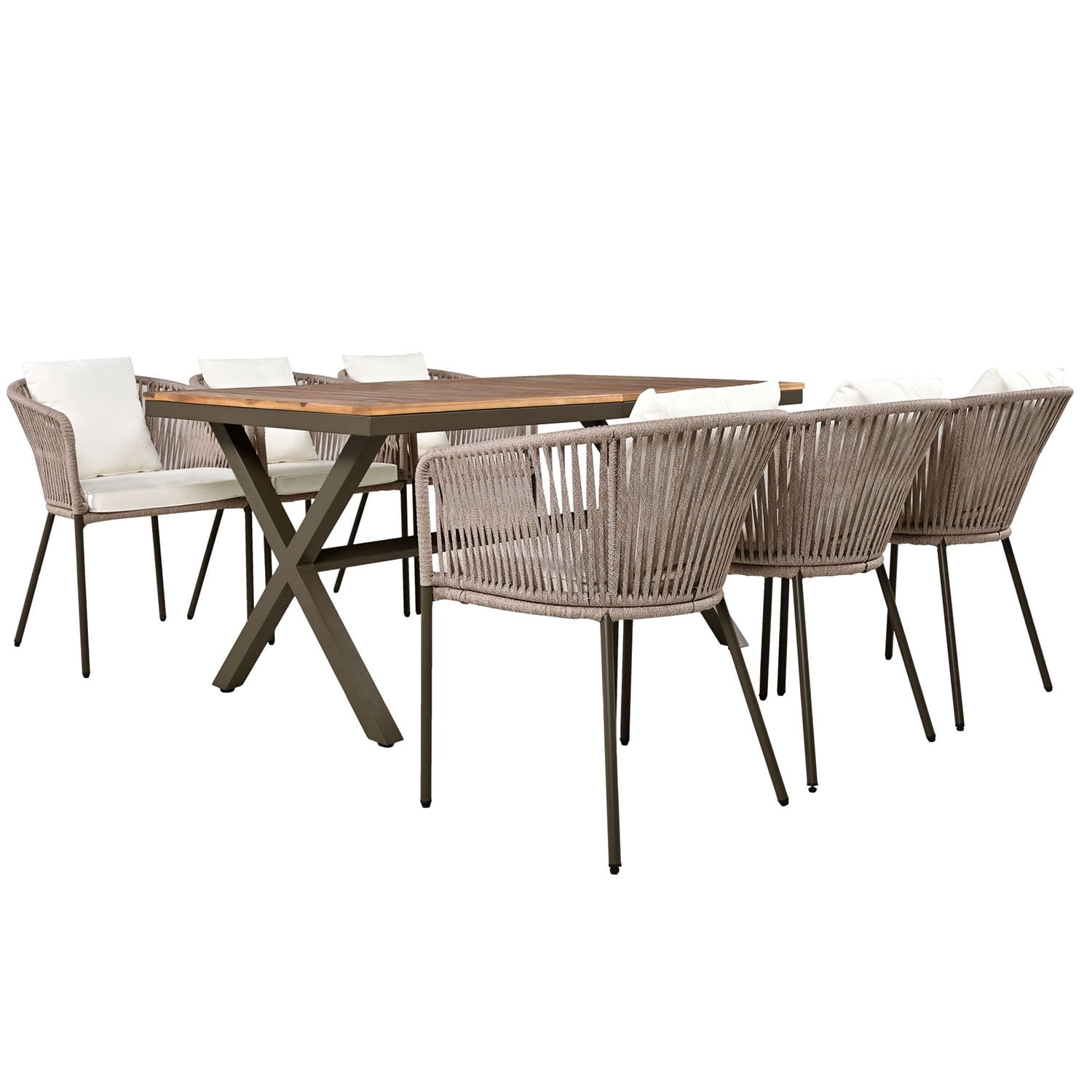 Aimee Lii 7 Pieces Outdoor Patio Dining Set Acacia Wood Garden Table with Umbrella Hole and Rope Metal Frame Chairs, Outdoor Furniture Set, Beige Aimee Lii 7 Pieces Outdoor Patio Dining Set Acacia Wood Garden Table with Umbrella Hole and Rope Metal Frame Chairs, Outdoor Furniture Set, Beige