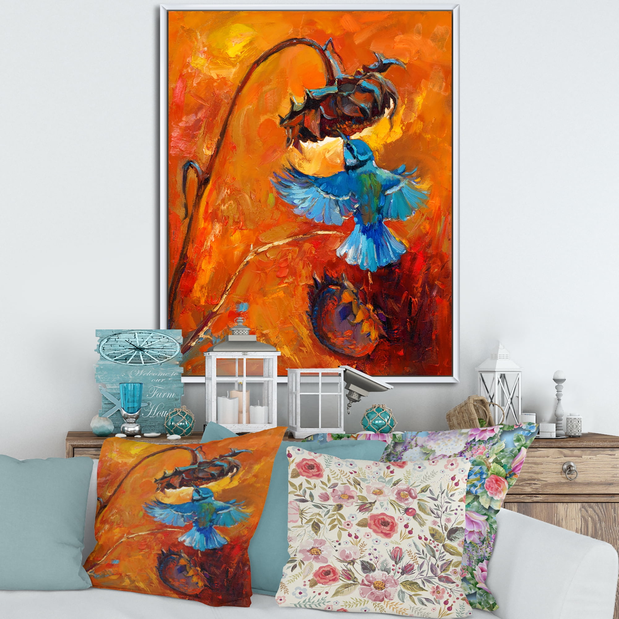 Blue Hummingbird On Orange Sunflower 30 in x 40 in Framed Painting Canvas Art Print, by Designart