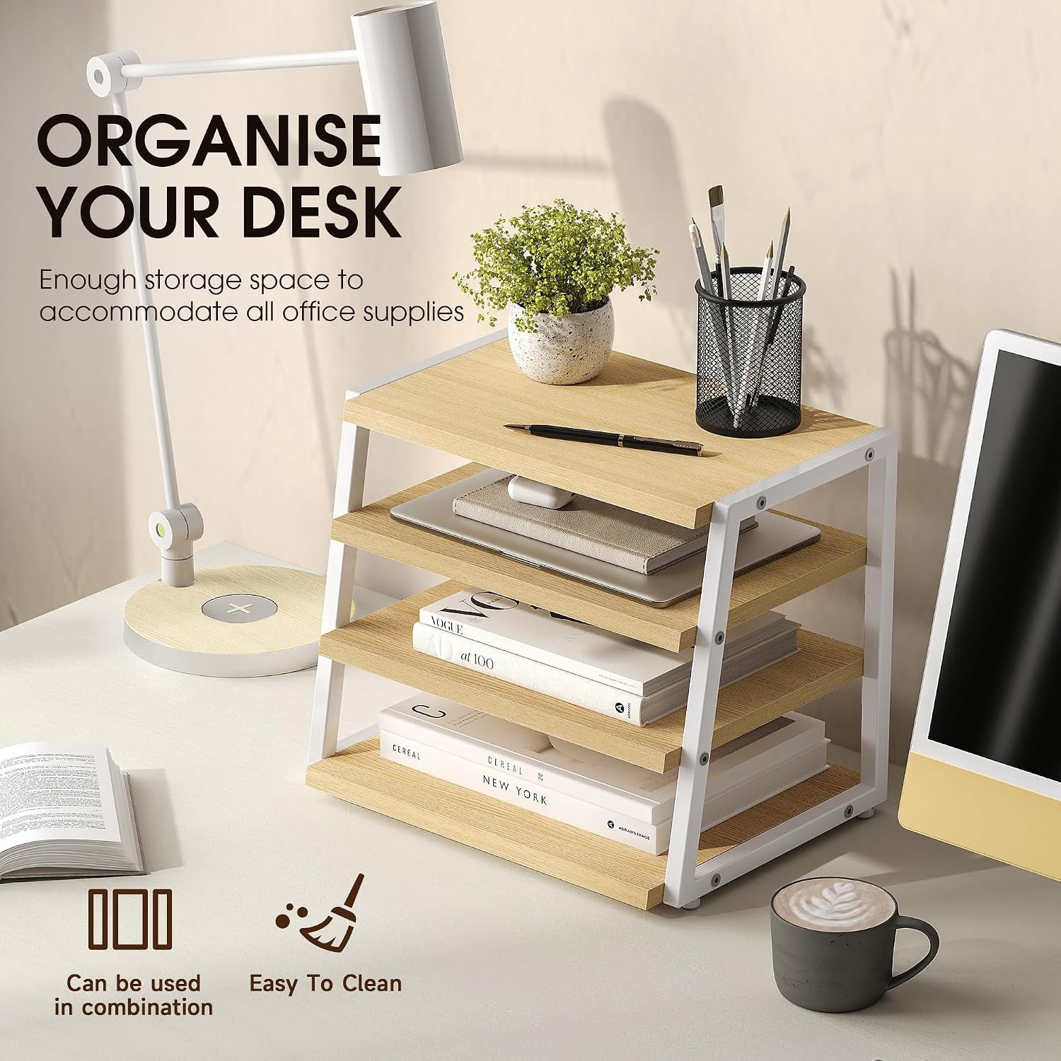 Fenge 4-Tier Desktop Shelf Organizer with Wood and Metal Storage, Brown