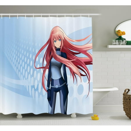 Anime Shower Curtain, Futuristic Manga Girl Science Fiction Doodle Effect Japanese Style Digital Art Print, Fabric Bathroom Set with Hooks, 69W X 75L Inches Long, Light Blue, by