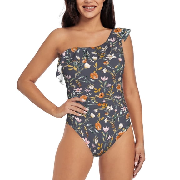Rateoe Wildflowers Pattern Women One Piece Swimsuits Tummy Control One Shoulder Bathing Suits Ruffle Swimwear-