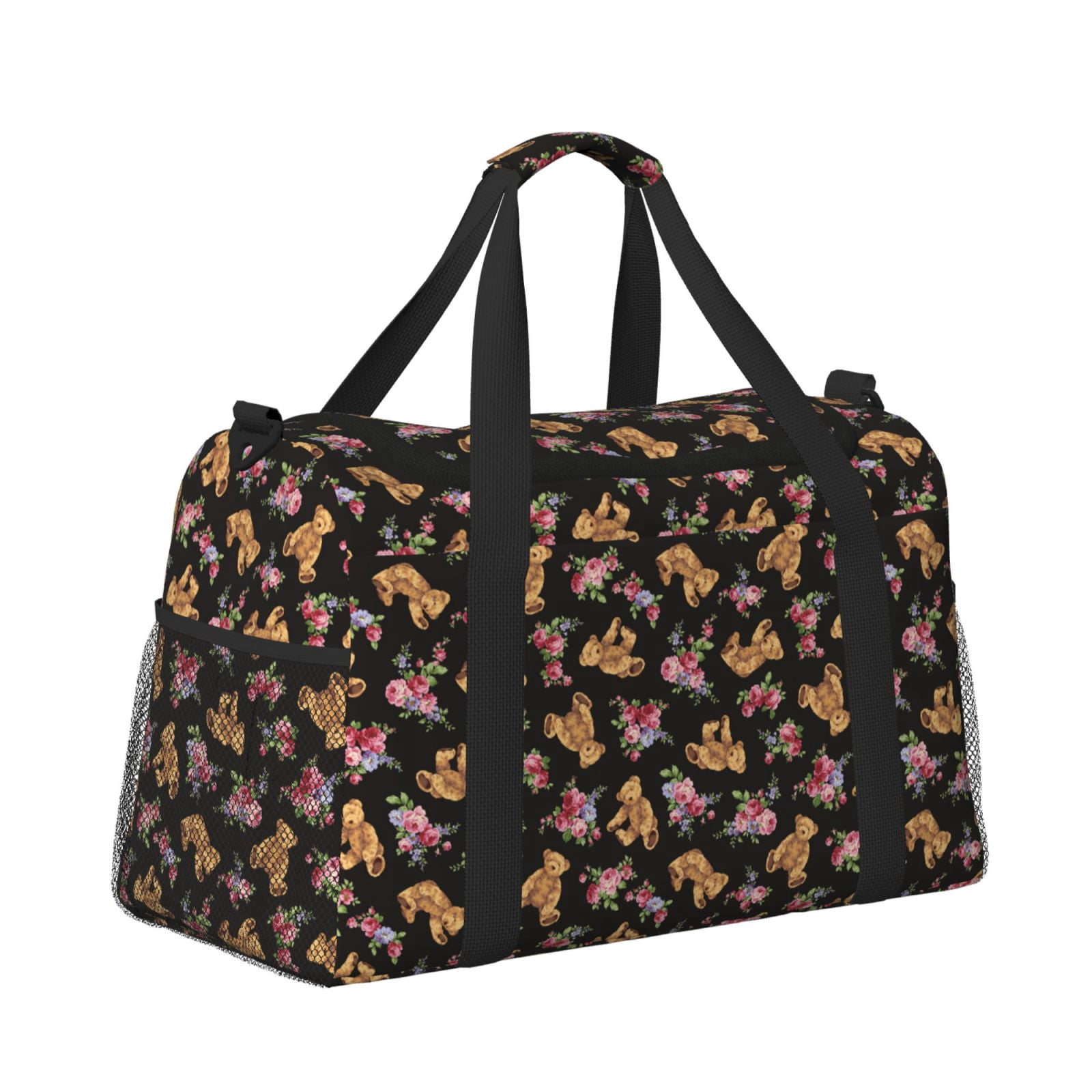 Fuzoiu Rose Flower Bear Print Travel Duffle Bag,Carry On Tote Bags,Duffel Bag,Sport Gym Bag, Hospital Bag for Labor and Delivery, Overnight Bag,Luggage Bag