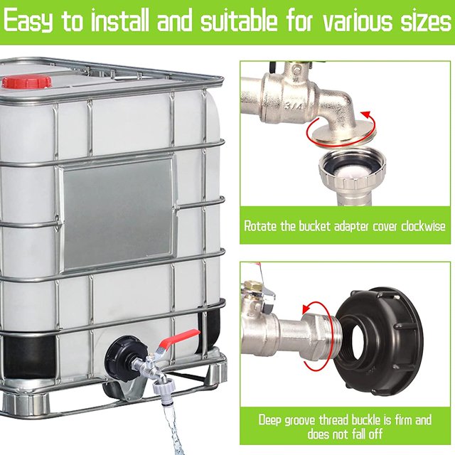 CHAO Grifo de tanque de 1000l con adaptador de grifo de manguera de jardín, conector de grifo Ibc S60x6, grifo de jardín para recolección de agua de lluvia (adaptador de plástico de 1/2")