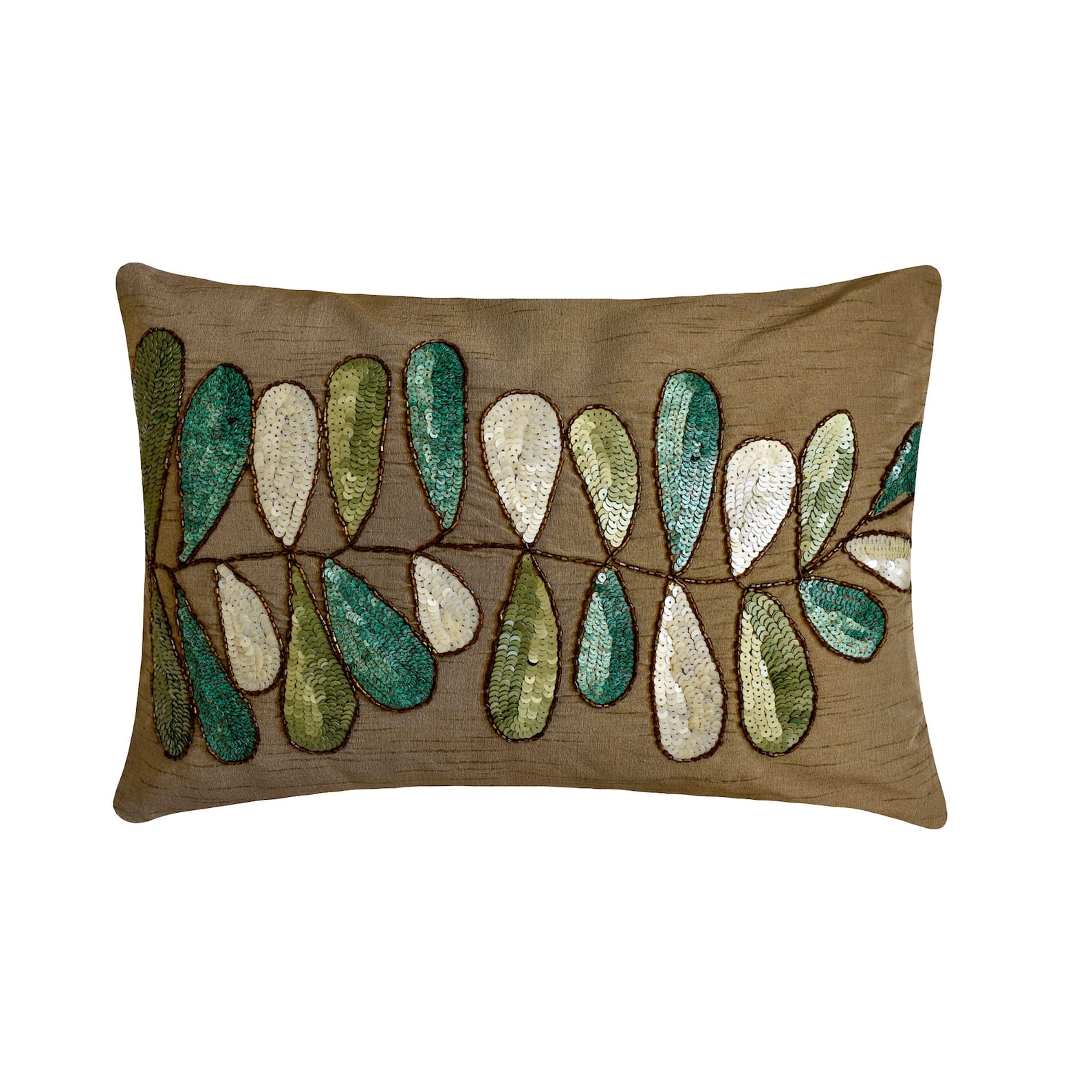 Brown Lumbar Pillow Cover, 12x26 inch (30x65 cm) Lumbar Pillow Cover, Sequins Leaves Lumbar Pillow Cover, Silk Lumbar Pillow Cover, Floral Art Deco Lumbar - Days Of Leaves