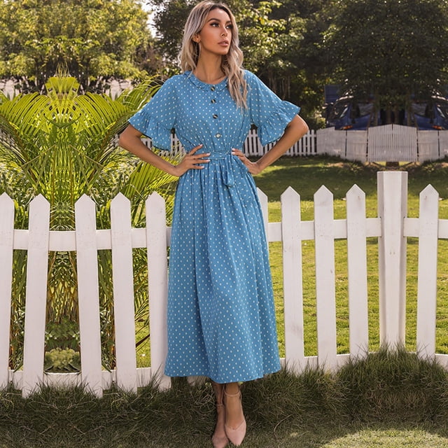 Drppepioner Robe d'Été pour Femme à Manches Courtes, Robe T-Shirt Décontractée 2024 Fluide de Plage à Col en V, Robes Soleil avec Poches, Mode Femme, Automne, Robe à Boutons à Manches Courtes à Col Rond, Bleu